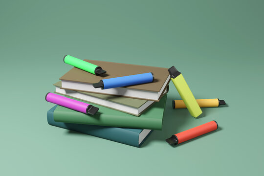 Colorful disposable vapes scattered around a pile of school textbooks. Illustration of the concept of the loophole allowing retailers to give free vape samples to children and youngsters