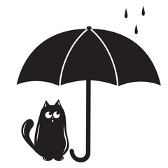 cat sitting under an umbrella, stencil icon, vector isolated illustration