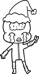 hand drawn line drawing of a big brain alien crying and giving peace sign wearing santa hat