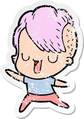 distressed sticker of a cute cartoon girl with hipster haircut