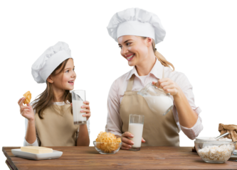 The beautiful young mother and her little daughter cook at home