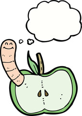 cartoon apple with worm with thought bubble