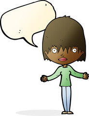 cartoon woman shrugging shoulders with speech bubble