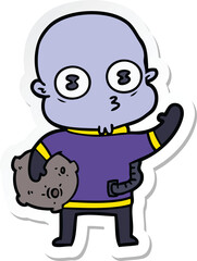 sticker of a waving weird bald spaceman