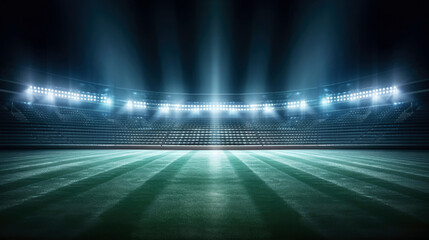Stadium spotlights at night with green grass. Generative AI