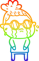 rainbow gradient line drawing of a cartoon crying woman wearing spectacles