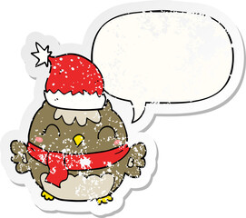 cute christmas owl with speech bubble distressed distressed old sticker
