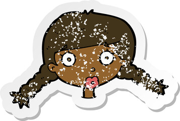 retro distressed sticker of a cartoon confused female face