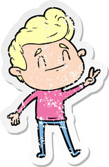 distressed sticker of a happy cartoon man giving a peace sign