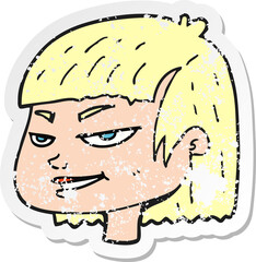 retro distressed sticker of a cartoon mean looking girl