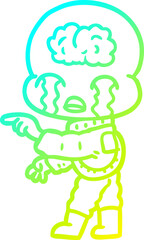 cold gradient line drawing of a cartoon big brain alien crying and pointing