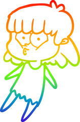 rainbow gradient line drawing of a cartoon whistling girl