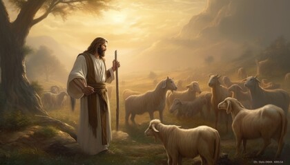 Jesus is walking in the meadow with the sheep, Jesus is shepherding. Generative Ai