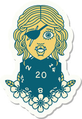 sticker of a half orc rogue with natural twenty dice roll
