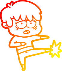 warm gradient line drawing of a cartoon exhausted boy doing karate