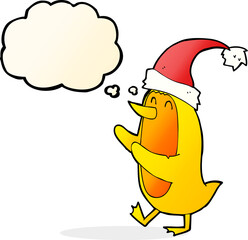 cartoon bird wearing xmas hat with thought bubble