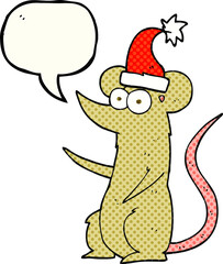 freehand drawn comic book speech bubble cartoon mouse wearing christmas hat