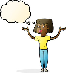 cartoon woman holding up hands with thought bubble