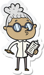 sticker of a cartoon woman wearing glasses