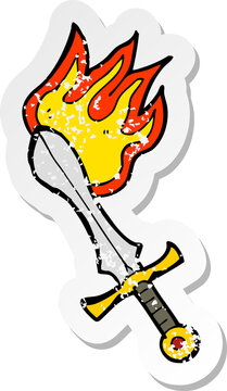 retro distressed sticker of a cartoon flaming sword