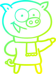 cold gradient line drawing of a cheerful pig wearing winter clothes cartoon