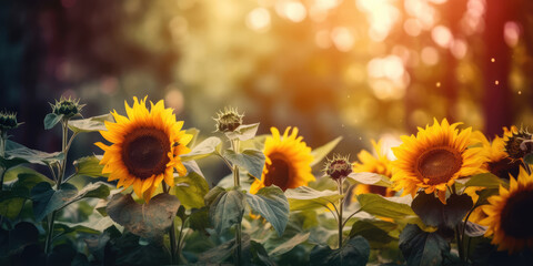 Fototapeta premium Sunflower Field in summer. Beautiful Sunflowers on a blurred summer nature background. Elegant Floral Background for greeting card for Birthday, Father's Day, Mother's day. Gene