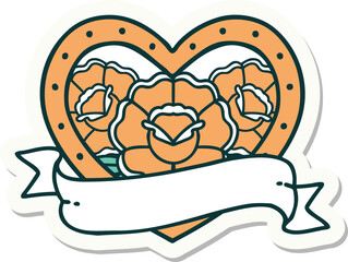 sticker of tattoo in traditional style of a heart and banner with flowers