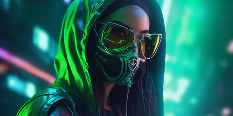 cyberpunk girl in leather hoodie with gas mask, night city light bokeh, fictional person created with generative ai © CROCOTHERY