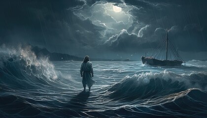 Jesus Christ walking on water or sea. Generative Ai - obrazy, fototapety, plakaty