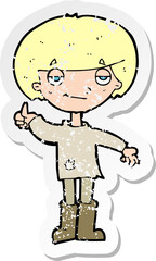 retro distressed sticker of a cartoon boy in poor clothing giving thumbs up symbol