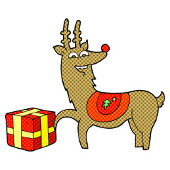 freehand drawn cartoon christmas reindeer with present