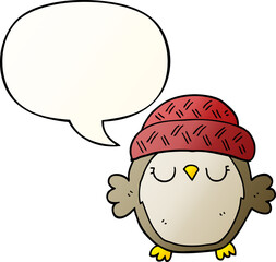 Obraz premium cute cartoon owl in hat with speech bubble in smooth gradient style