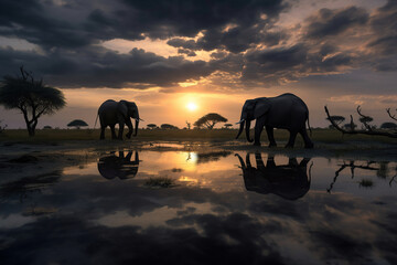 Fototapeta na wymiar elephants at sunset image created with ia