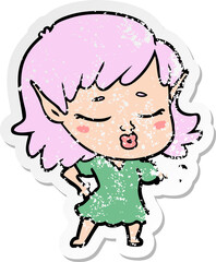 distressed sticker of a pretty cartoon elf girl