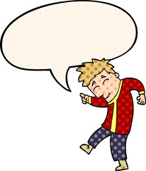 cartoon dancing man with speech bubble in comic book style