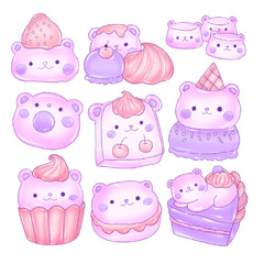 Dessert set, cake, cupcake, purple bear
