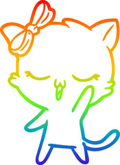 rainbow gradient line drawing of a cartoon cat with bow on head waving