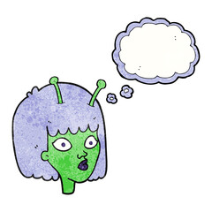 freehand drawn thought bubble textured cartoon female alien