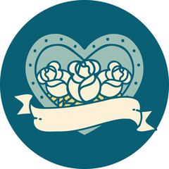 iconic tattoo style image of a heart and banner with flowers