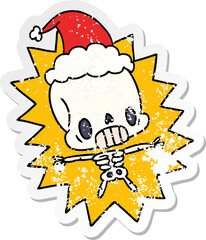 hand drawn christmas distressed sticker cartoon of kawaii skeleton