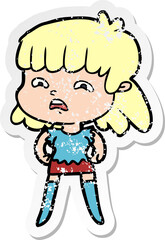 Obraz premium distressed sticker of a cartoon worried woman
