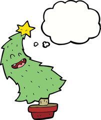 cartoon dancing christmas tree with thought bubble
