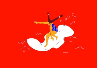 Girl surfing on a sanitary pad in the red sea. Women's health care. © ZMiro