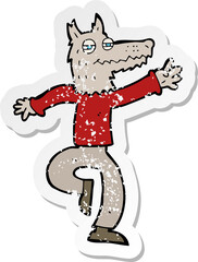 retro distressed sticker of a cartoon happy wolf man