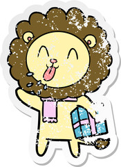 distressed sticker of a happy cartoon lion