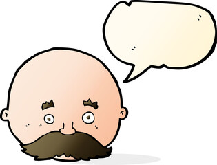 cartoon bald man with mustache with speech bubble