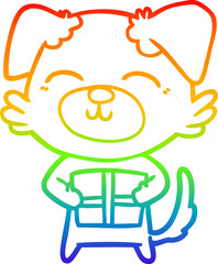 rainbow gradient line drawing of a cartoon dog with present