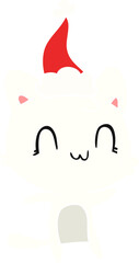 hand drawn flat color illustration of a happy cat wearing santa hat
