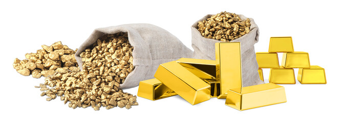 Gold bars and nuggets on white background