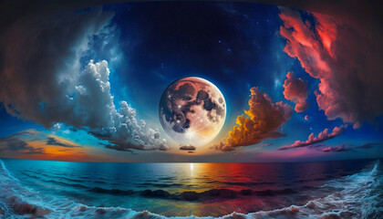 Beautiful landscape by the ocean with a view of the moon